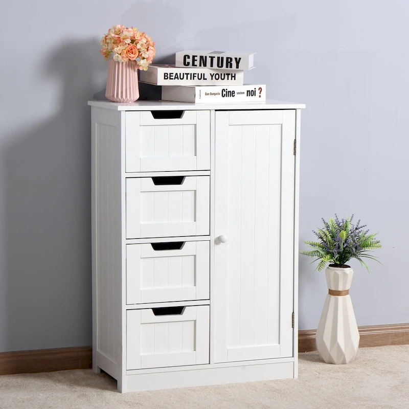White Bathroom Storage Cabinet, Floor Cabinet with Adjustable Shelf and Drawers