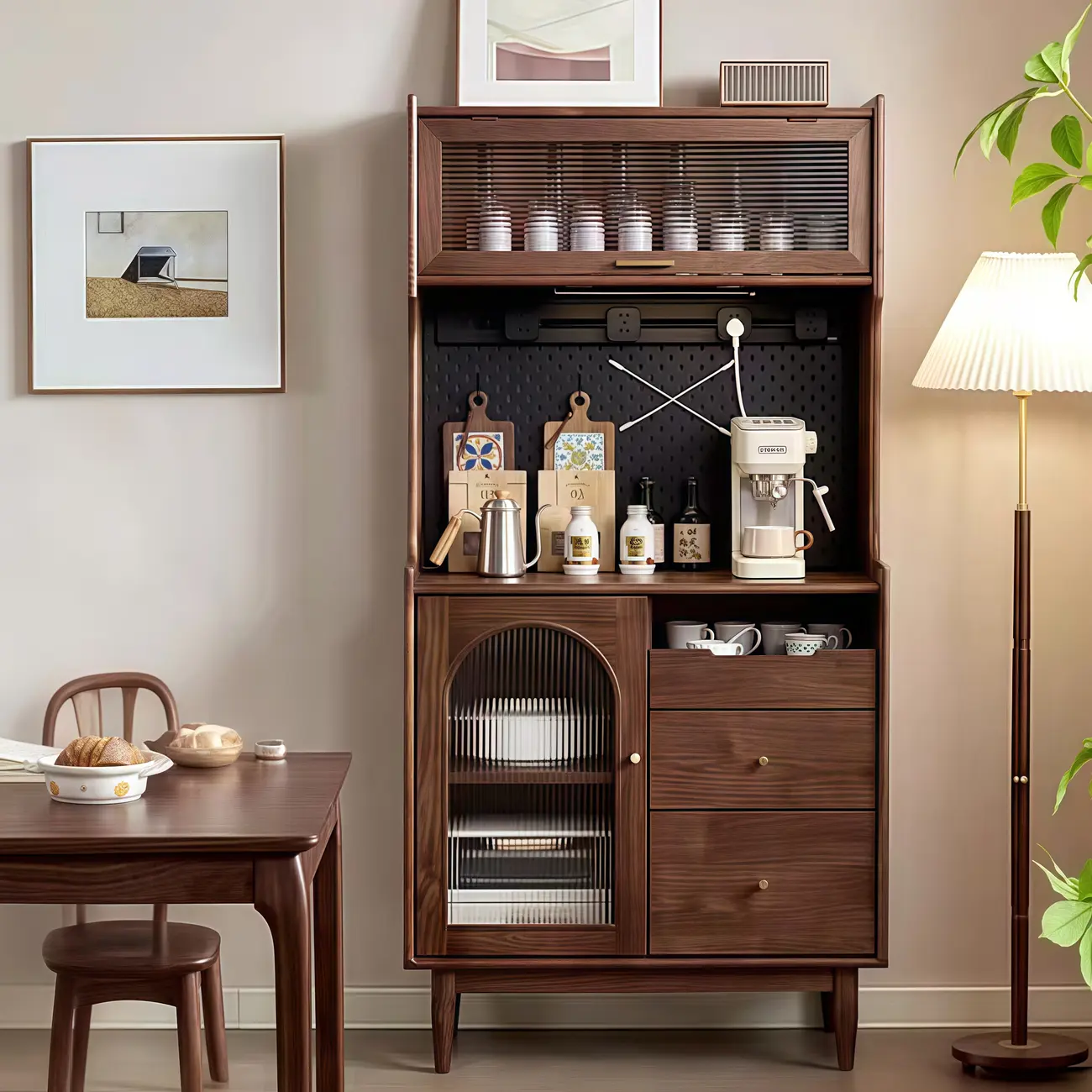 Lighting Brown Wooden Kitchen Buffet Cabinet with Hutch