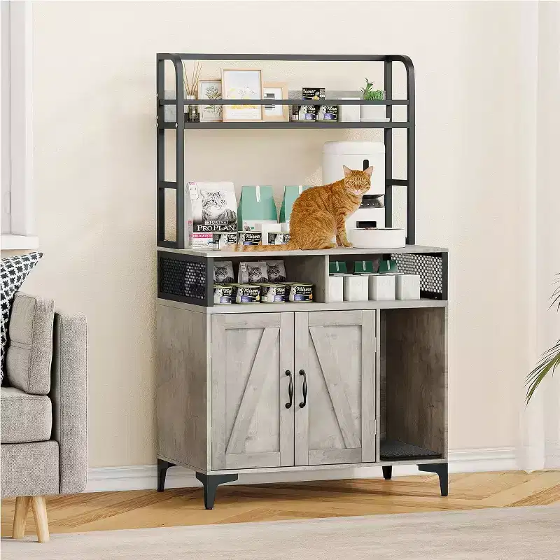 Large Hidden Litter Box Furniture with Open Shelf & Compartments, Metal Frame Indoor Cat House Furniture Cabinet for Most of Litter Box
