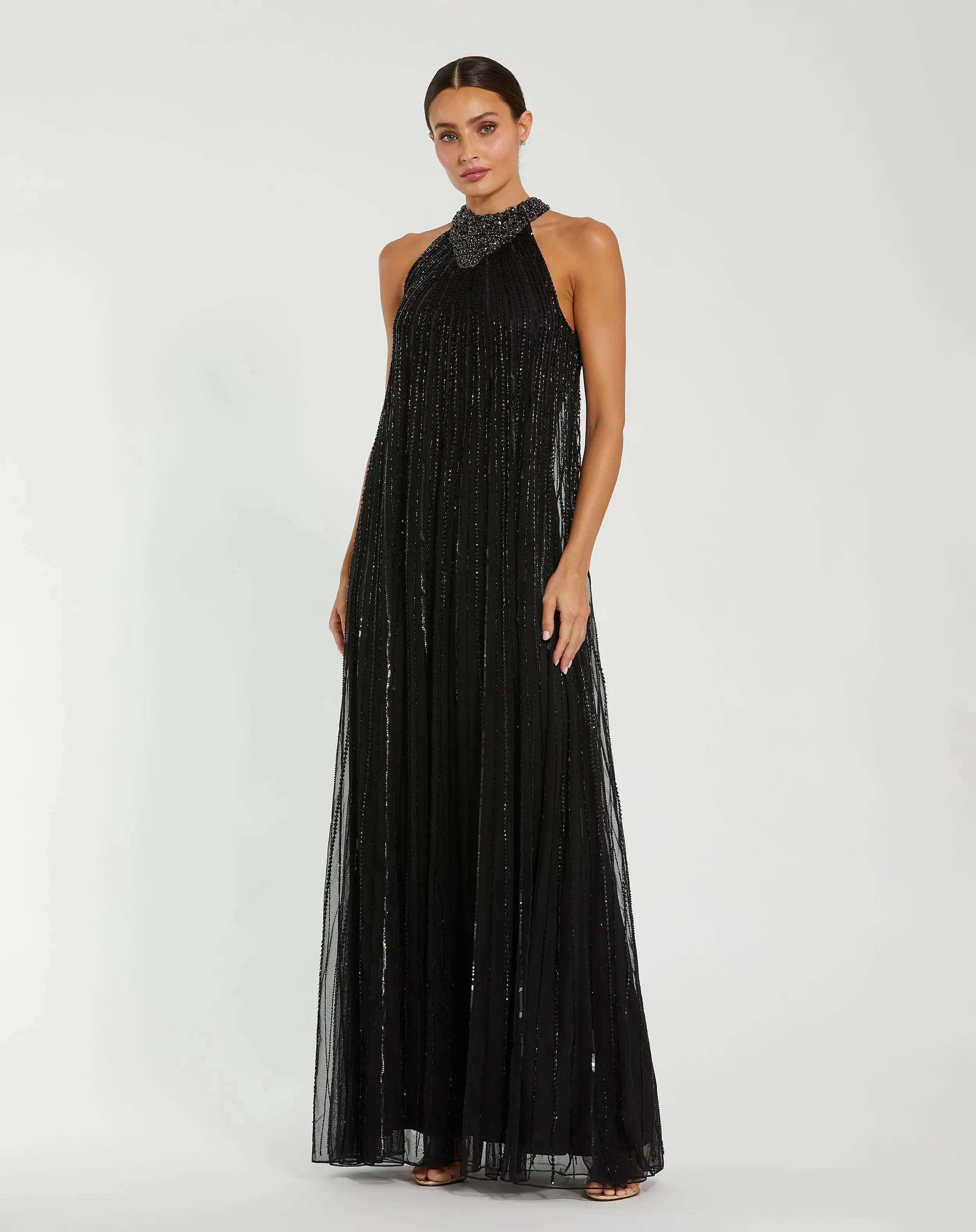 Black Sleeveless Halter Neck Embellished Trapeze Gown
