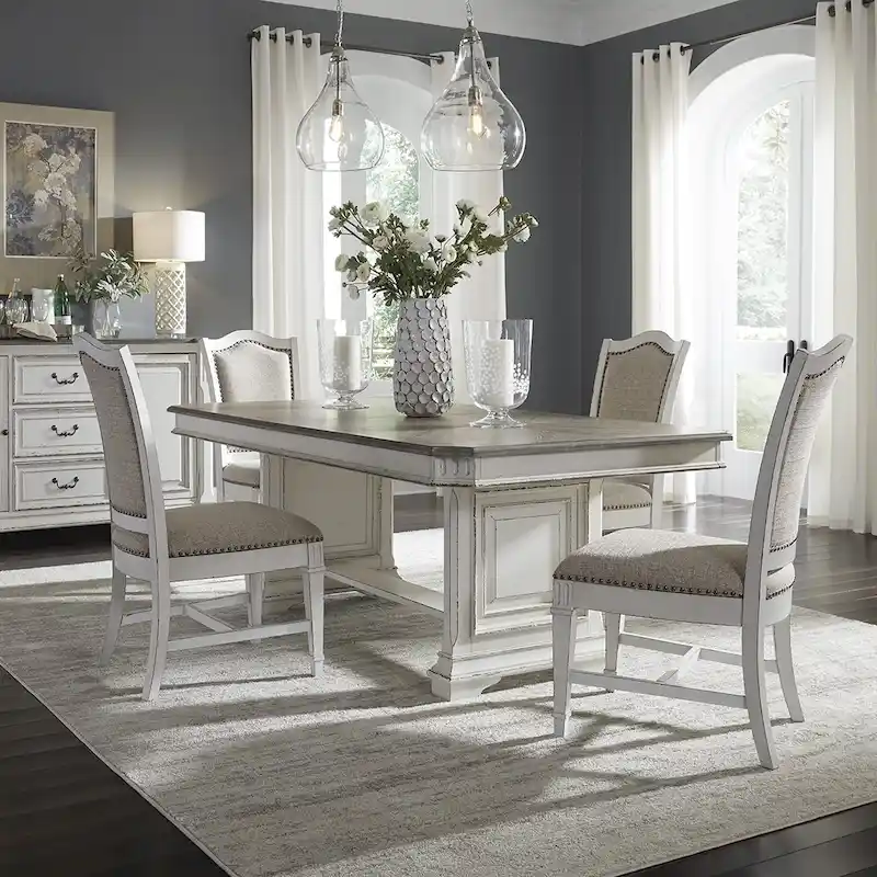 Abbey Park Weathered Brown & Antique White 5 Piece Trestle Table Set