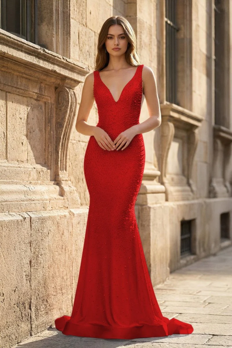 Pink V Neck Mermaid Satin Long Prom Dresses With Pearls