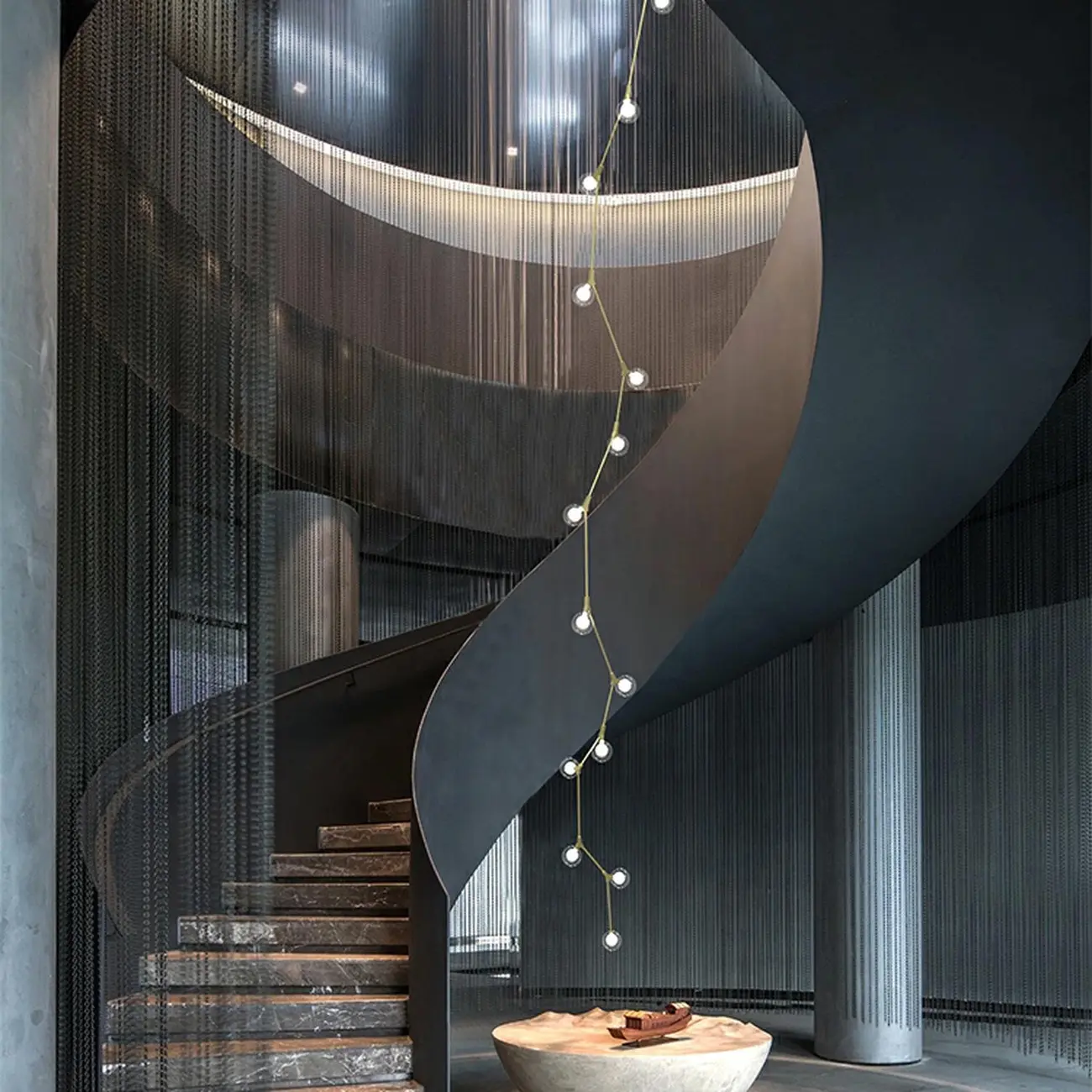 Modern Gold Branch Globe Glass Downrod Stairwell Chandelier