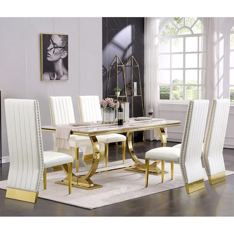 Brushed Gold Dining Table with 78 inch Glass Top and Tapered Barrel Base