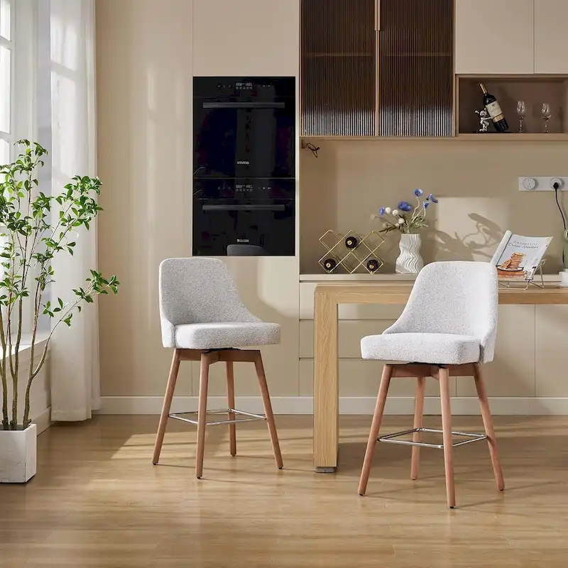 Swivel Bar Stools Set of 2, Counter Height Upholstered Barstools with Back and Wood Legs