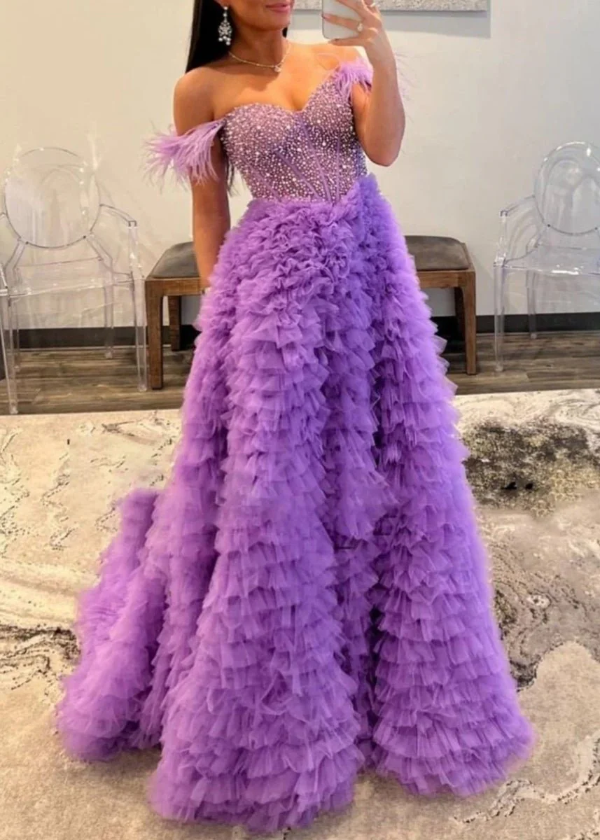 A Line Off the Shoulder Tiered Tulle Prom Dress With Slit