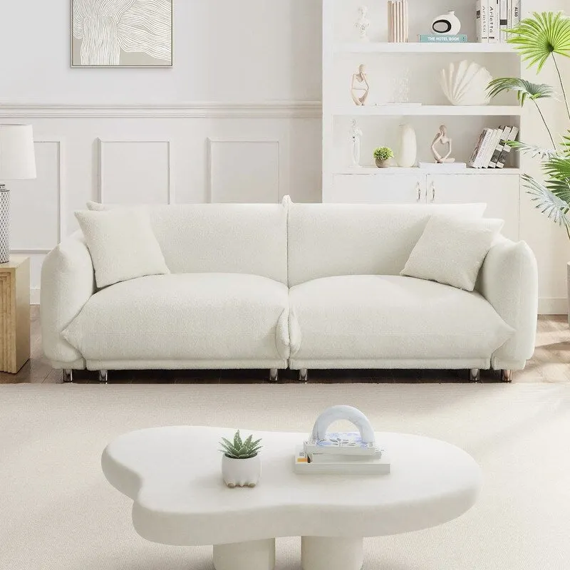 White Velvet Sofa with Pillows and Metal Legs