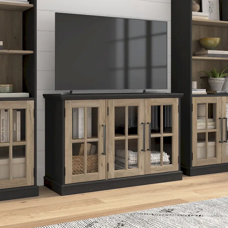 Farmhouse TV Stand with Windowpane Glass Doors – Vintage Black / White Ash, Fits up to 65