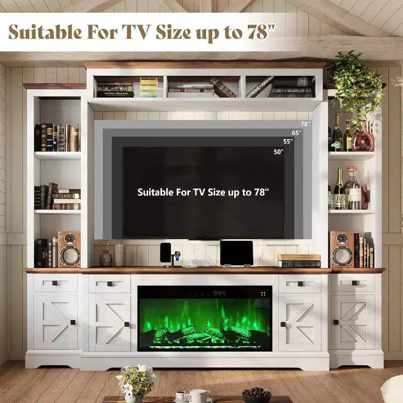 Gray & White Farmhouse Entertainment Center with Fireplace, Fits up to 78