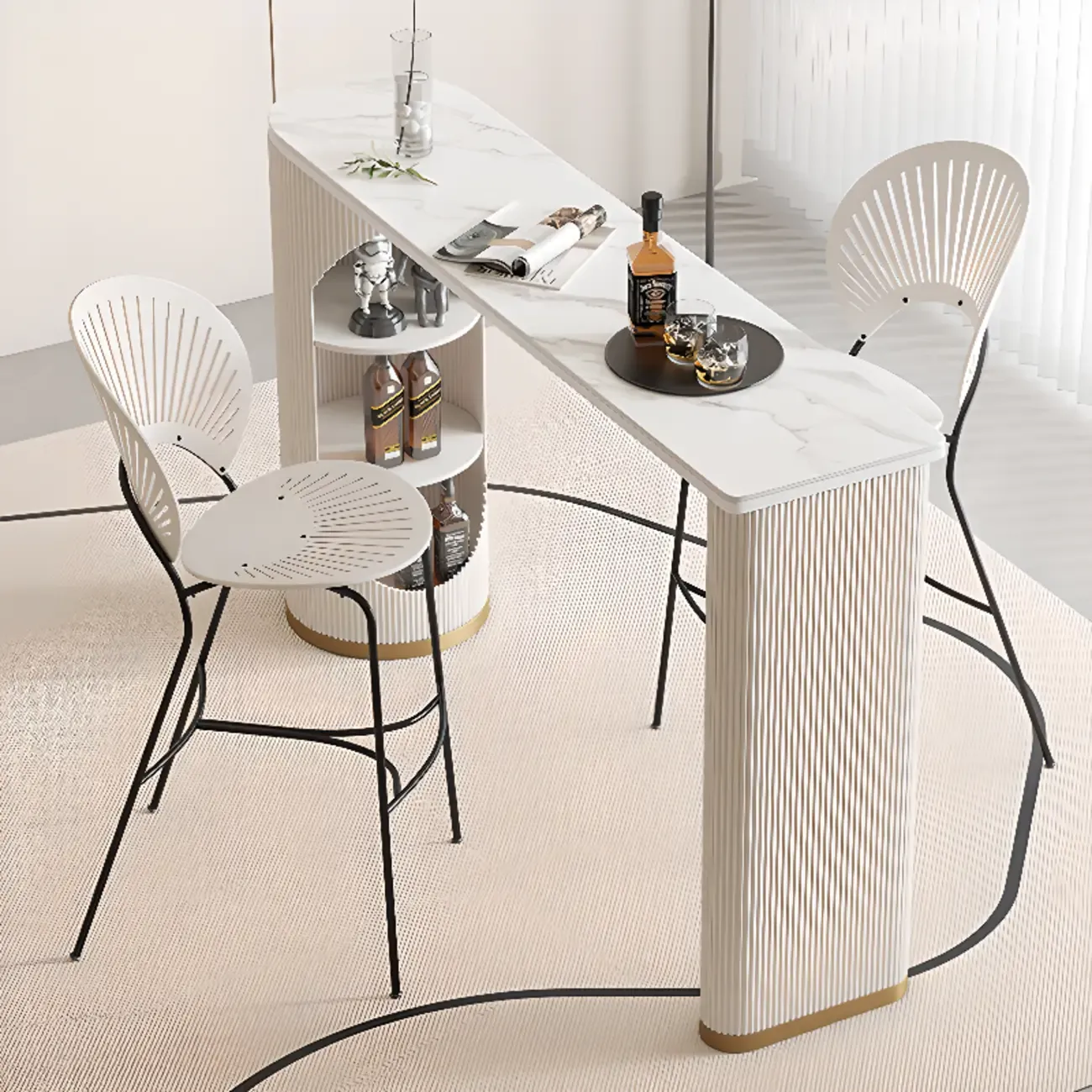 Modern White Stone Ribbed Iron 3-Layer Storage Bar Tables