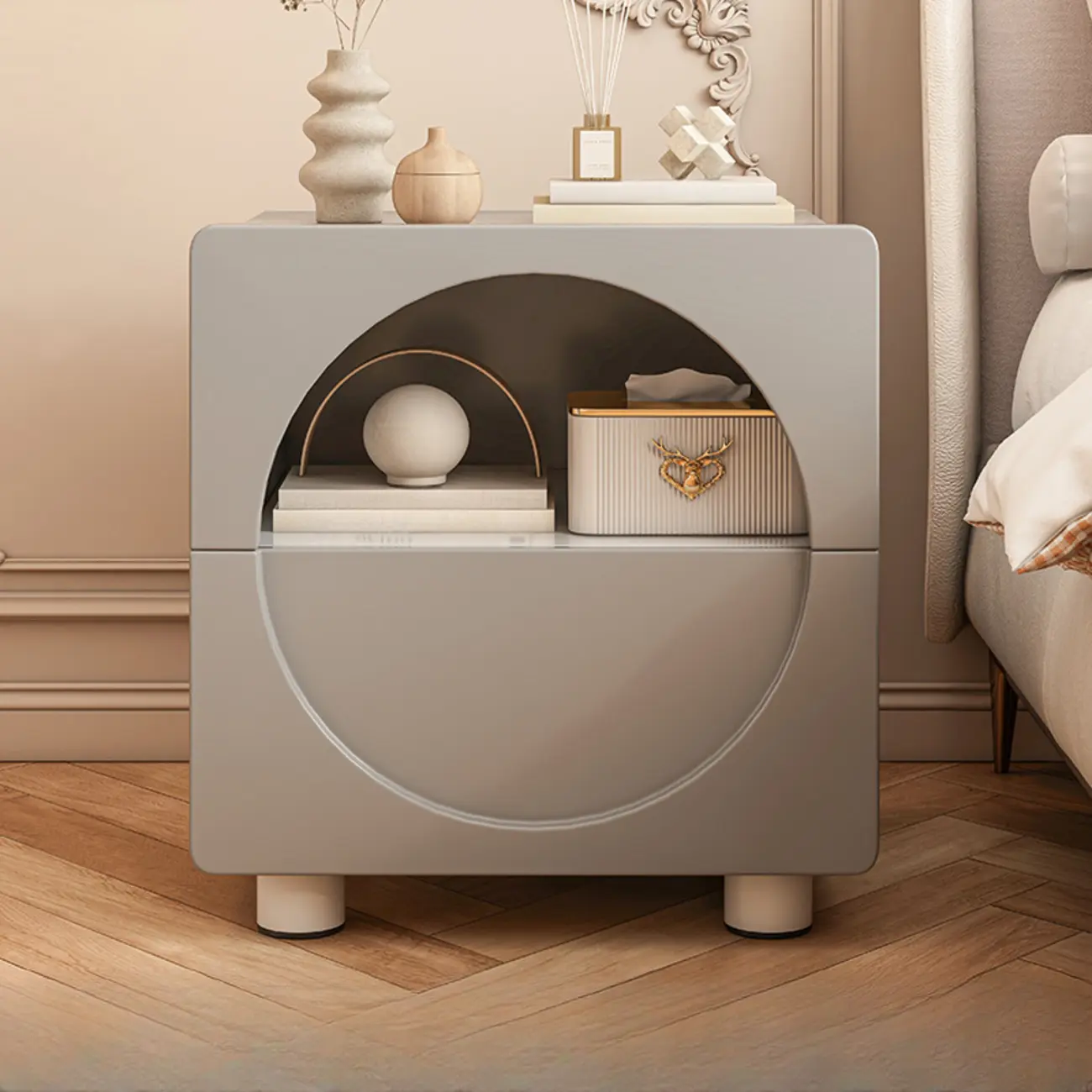 Modern 2-Tier Wooden Small Nightstand in White/Grey