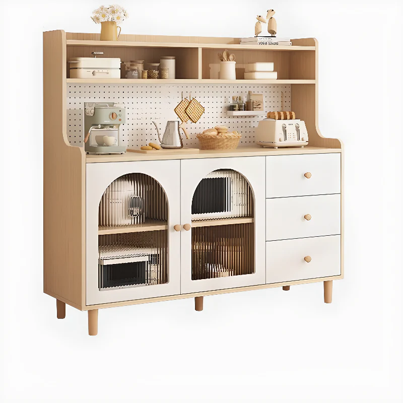 Kitchen Natural Wood Open Shelving 3-Drawer Sideboard