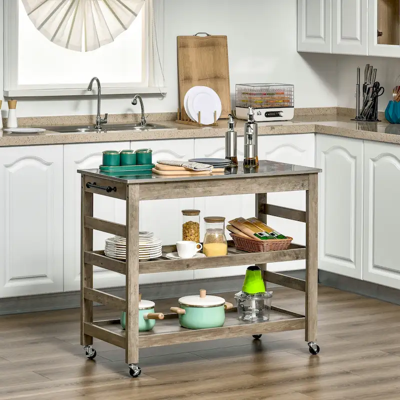 Kitchen Cart Rolling Kitchen Island Utility Trolley with Stainless Steel Top & Storage Wine Rack - 42.5W x 19D x 35H
