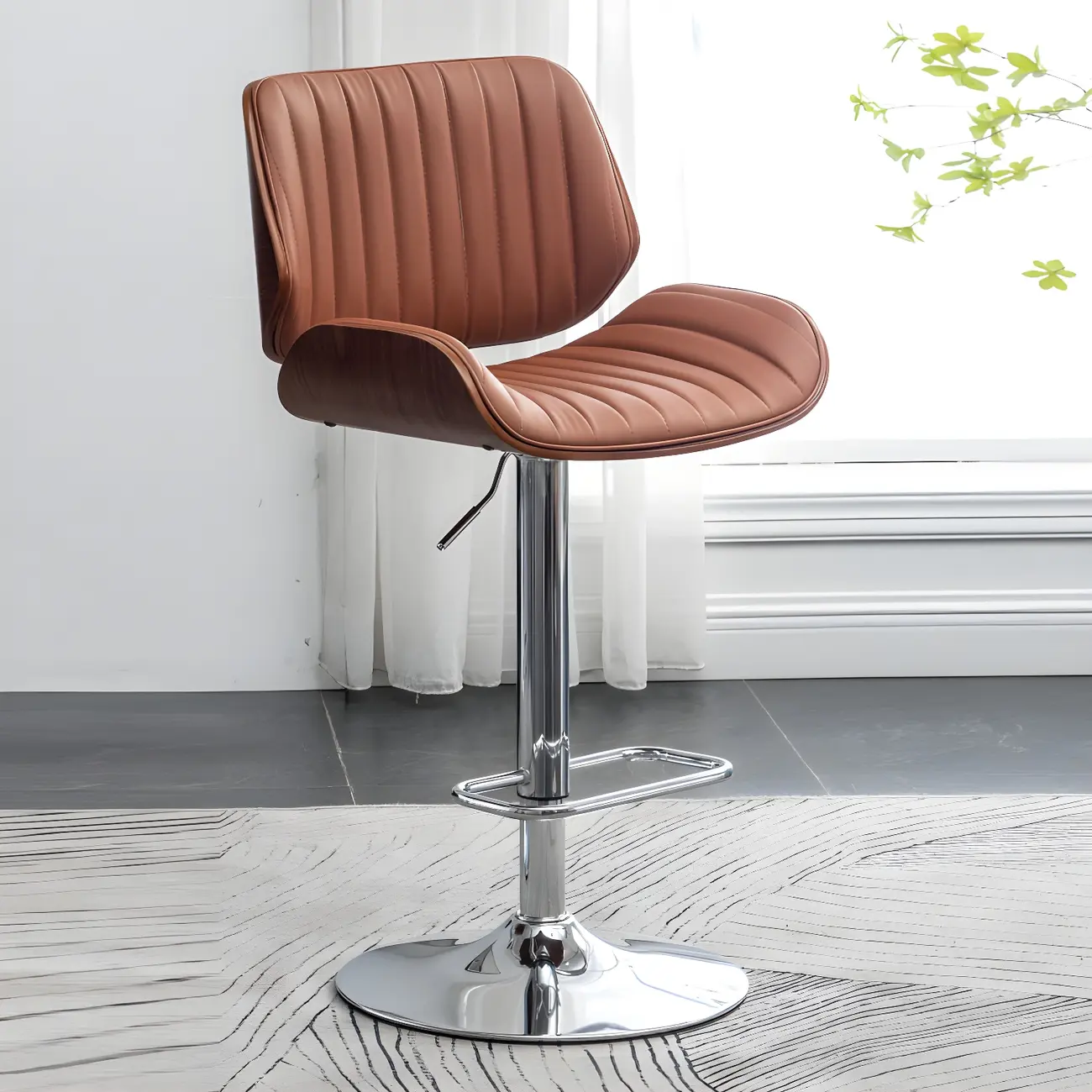 Elegant Wood Leather Red Swivel Adjustable Bar Stool