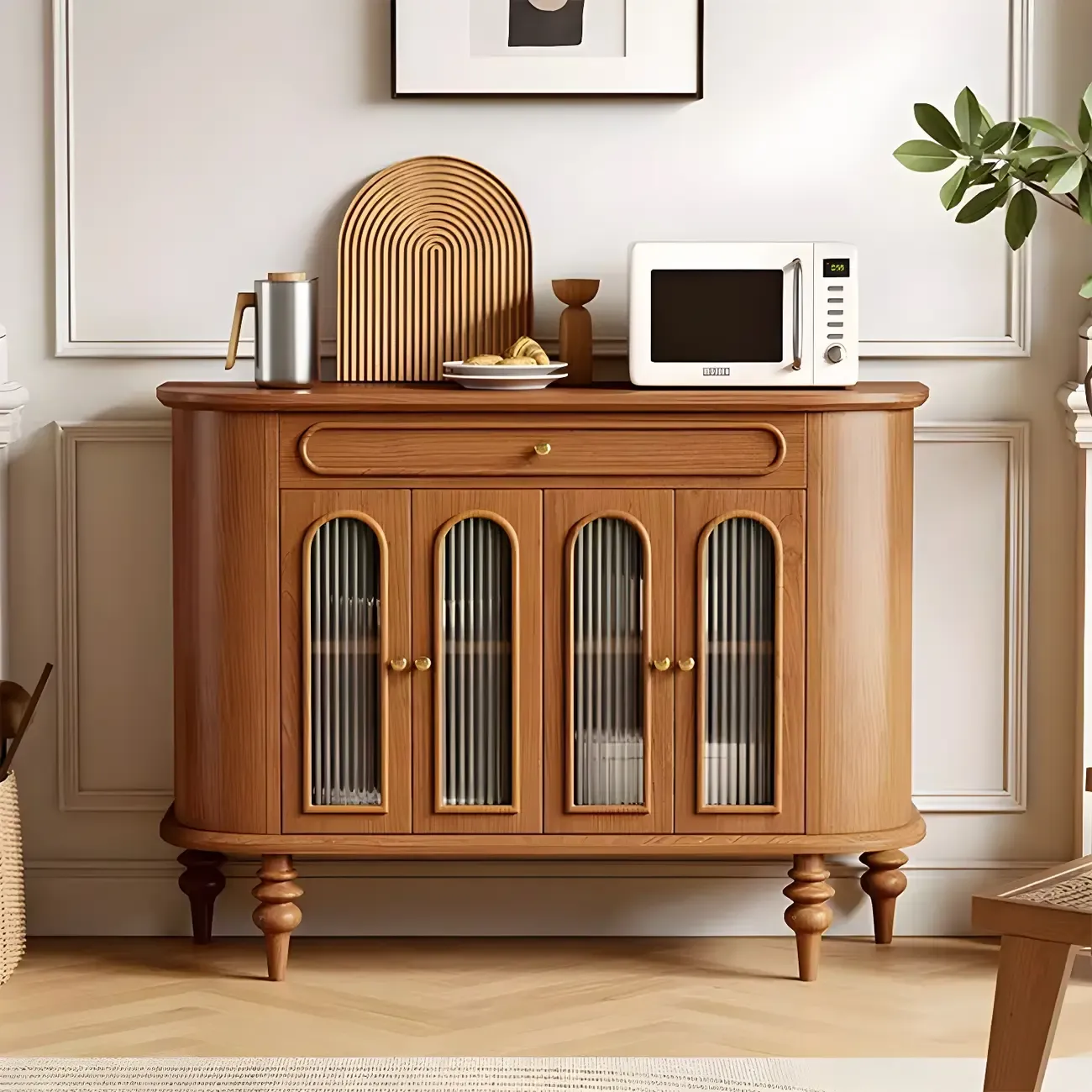 French Country Wooden Buffet Table with Cabinets