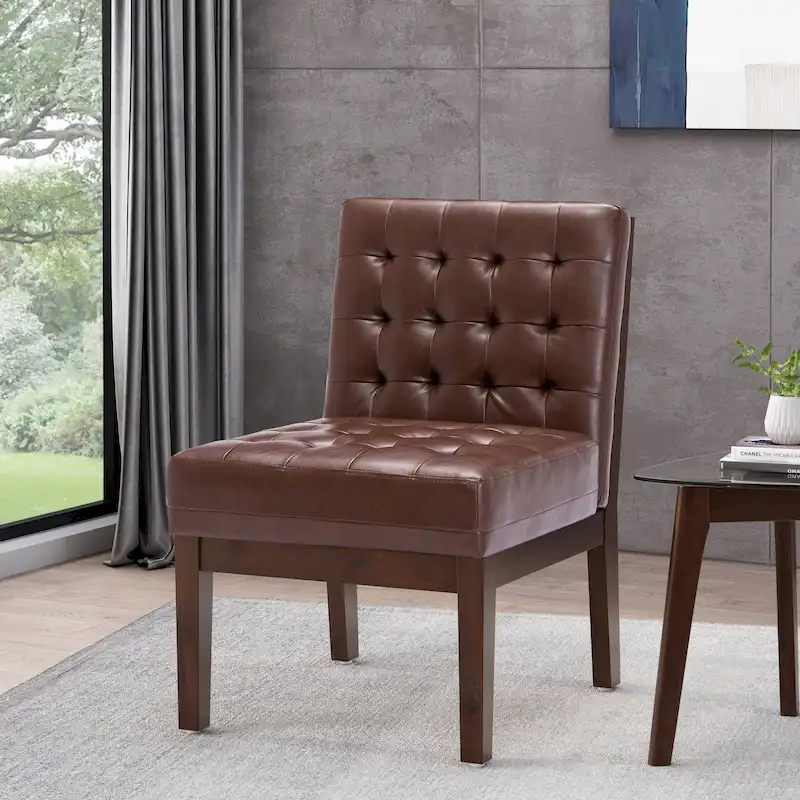 Dark Brown / Midnight / Cognac Faux Leather Waffle-Tufted Accent Chair with Dark Espresso Legs - Single Use