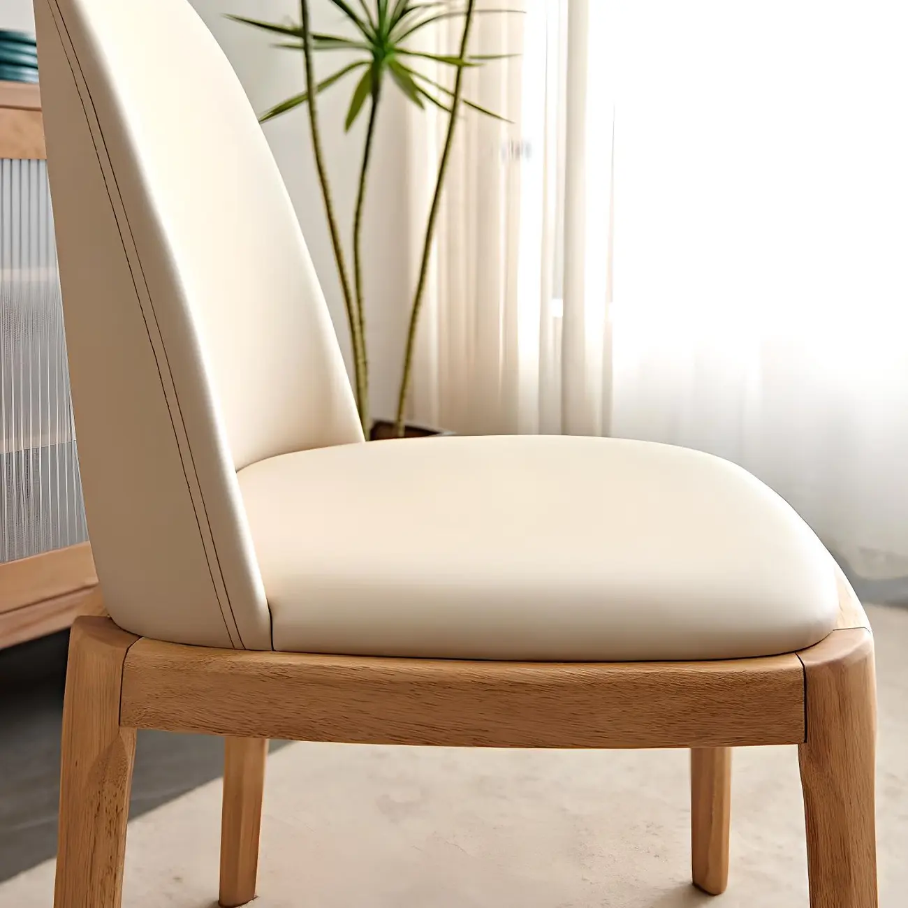 Cream Wood Faux Leather Solid Back Dining Chair