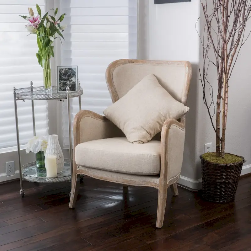 Beige Wing Chair with Oak Frame - Single Seat