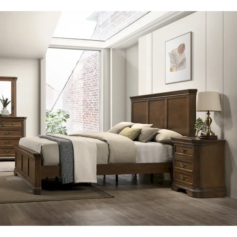 Roundhill Furniture Maderne 3-Piece Wood Bedroom Set, Panel Bed and Two Nightstands, Antique Walnut Finish