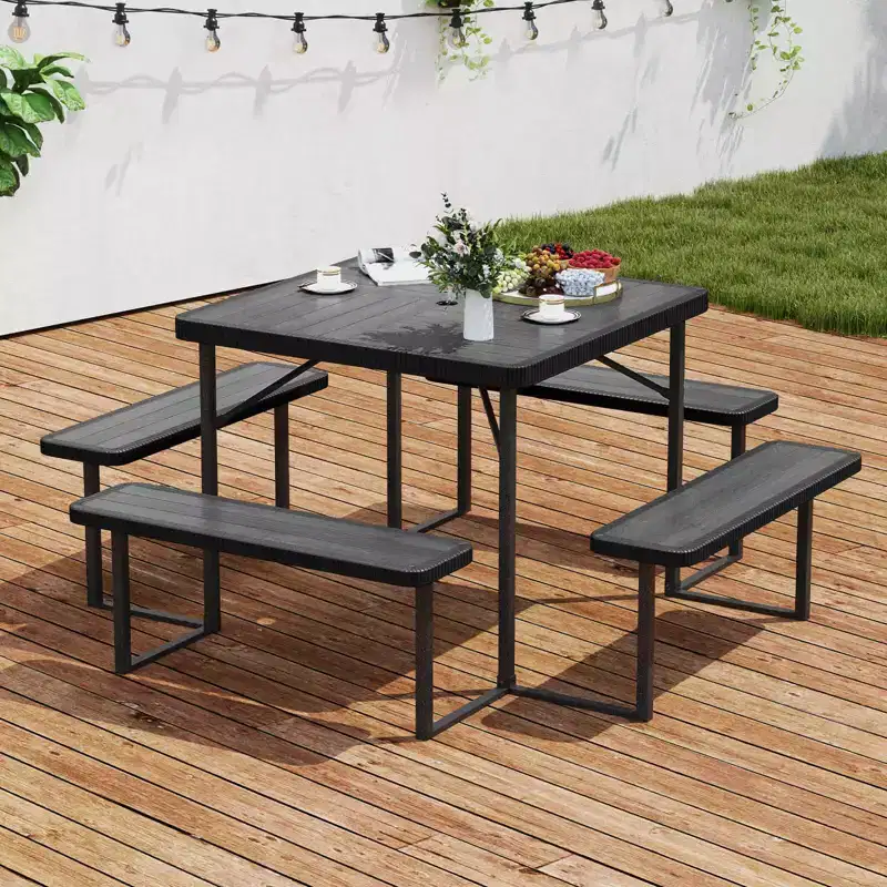 Costway Picnic Table Bench Set for 4-8 People with Umbrella Hole All-Weather HDPE Tabletop Black/Gray/Green/White