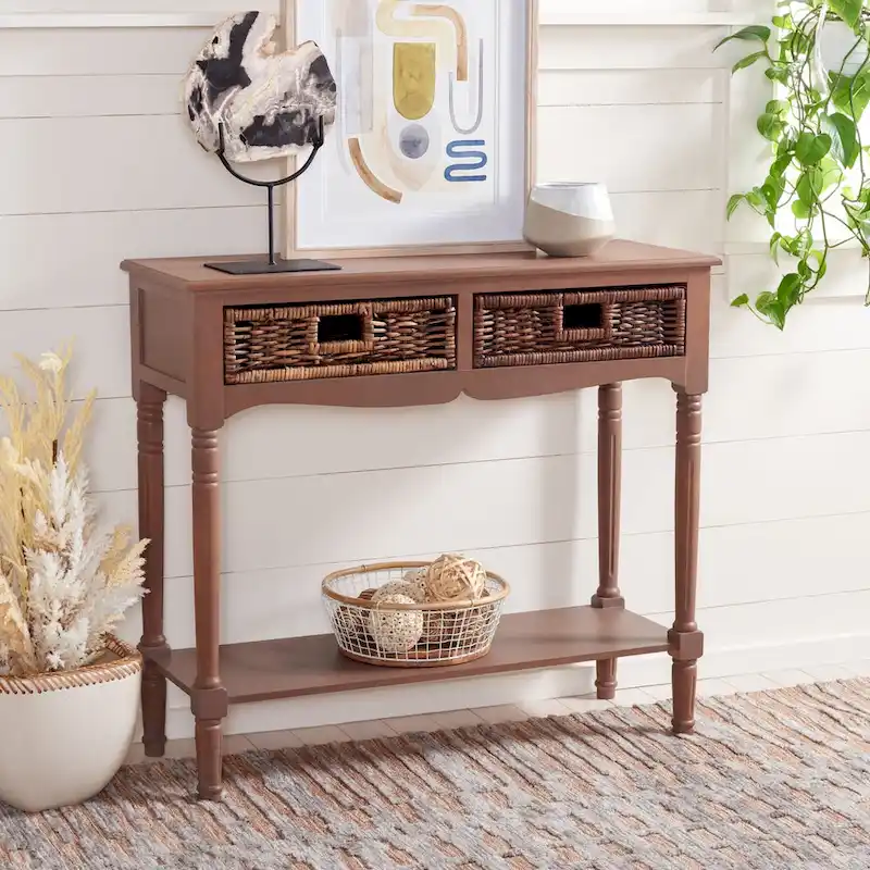 Console Table with Rattan Drawers – Brown / Sepia, Colonial Pine Wood, 1–2 Users