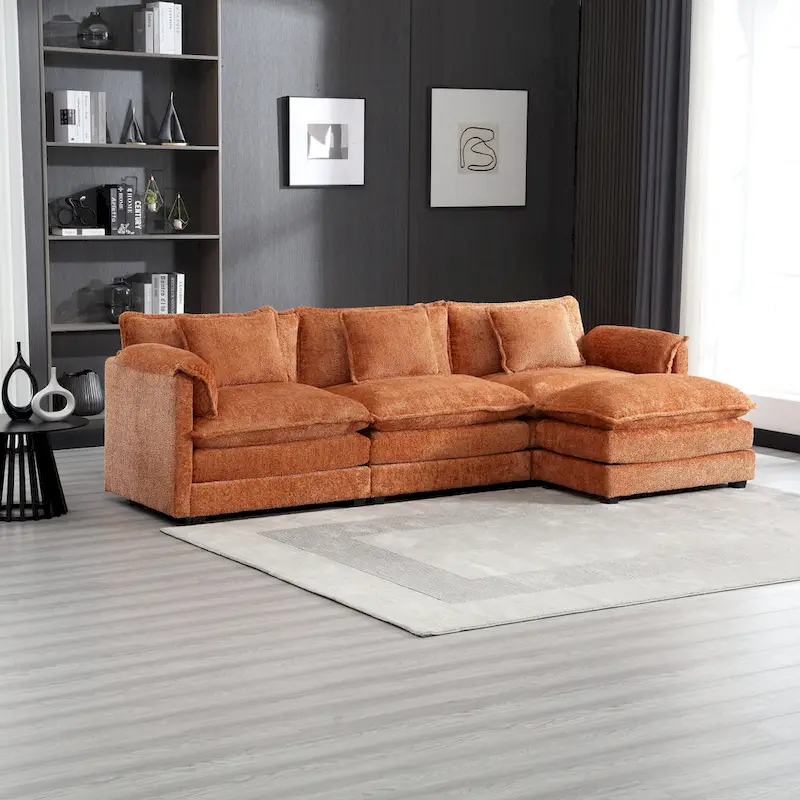 Orange 112.2 L-Shaped 4-Seat Sectional Sofa in Modern Boucle Fabric with Removable Cushions and Detachable Armrests