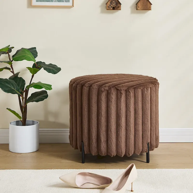 22.05Wide Upholstered Round Pouf Ottoman Foot Rest with Black Metal Legs