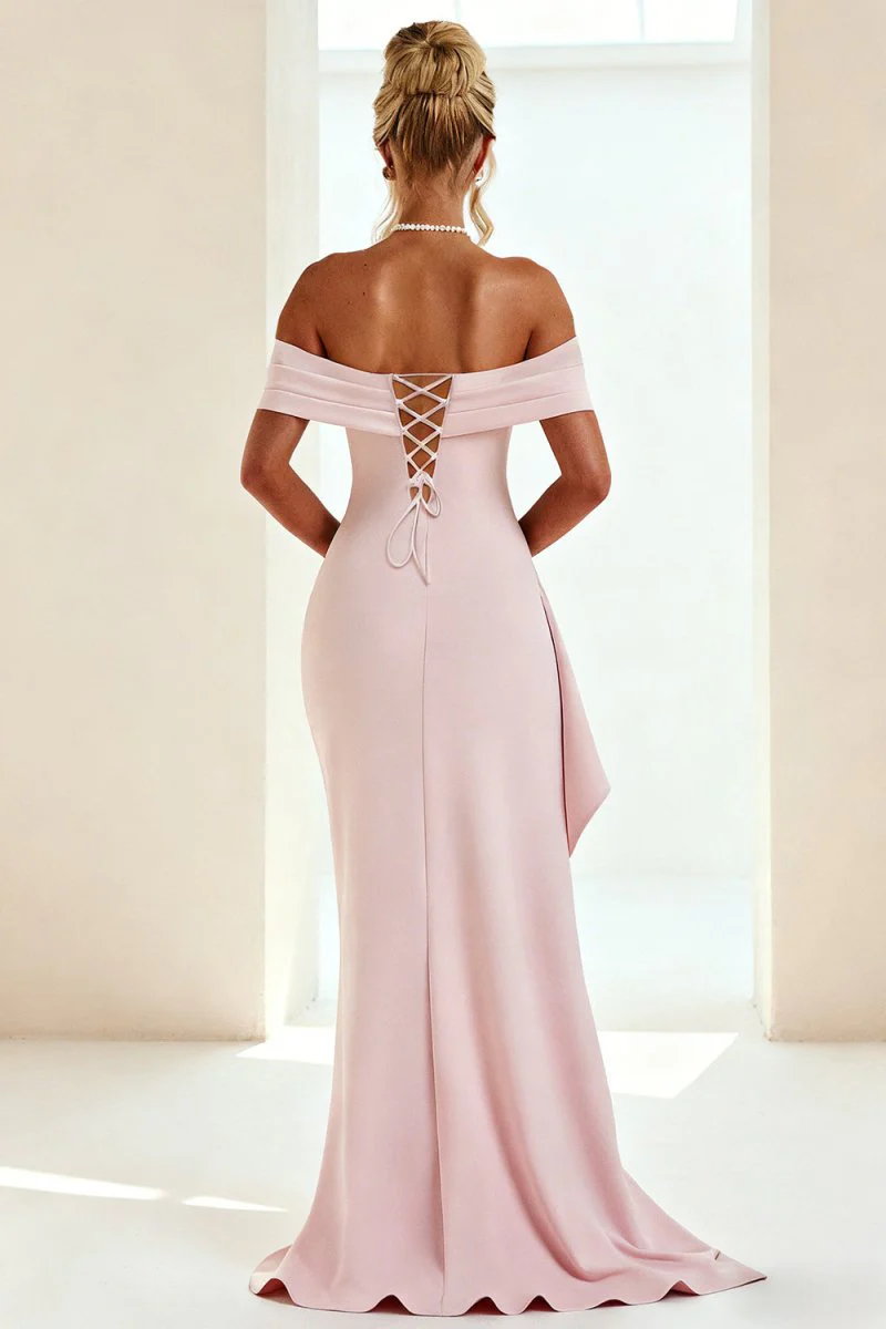 Pink Off The Shoulder Sheath Satin Pleated Long Formal Prom Dresses With Slit