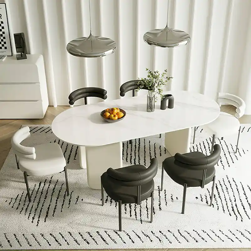 Modern Cream Faux Marble Oval Dining Table with Unique 3-Leg Base
