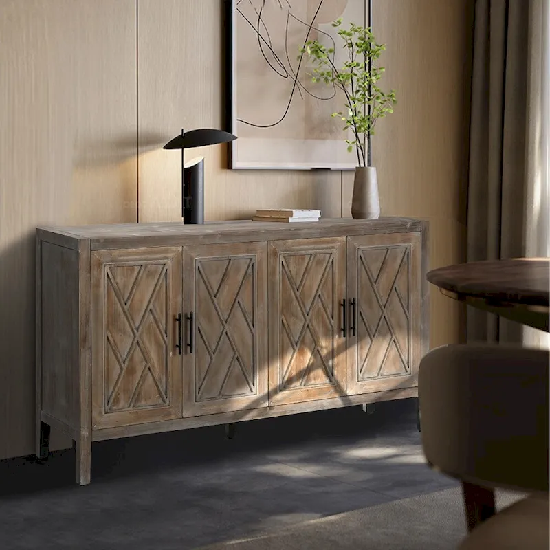 Black & Dark Walnut / Antique Gray 59.8in Vintage 4-Door Storage Cabinet