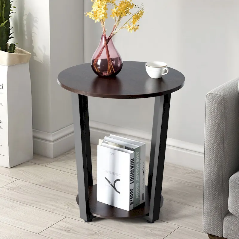Set of 2 Industrial End Tables with 2-Tier Storage - Round Side Tables 19.5