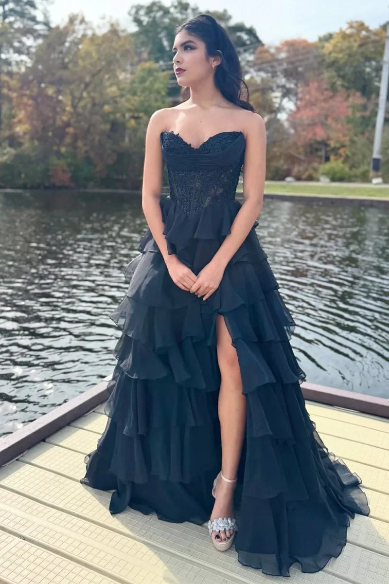 Black - Strapless A Line Chiffon Ruffled Prom Dresses With Appliques