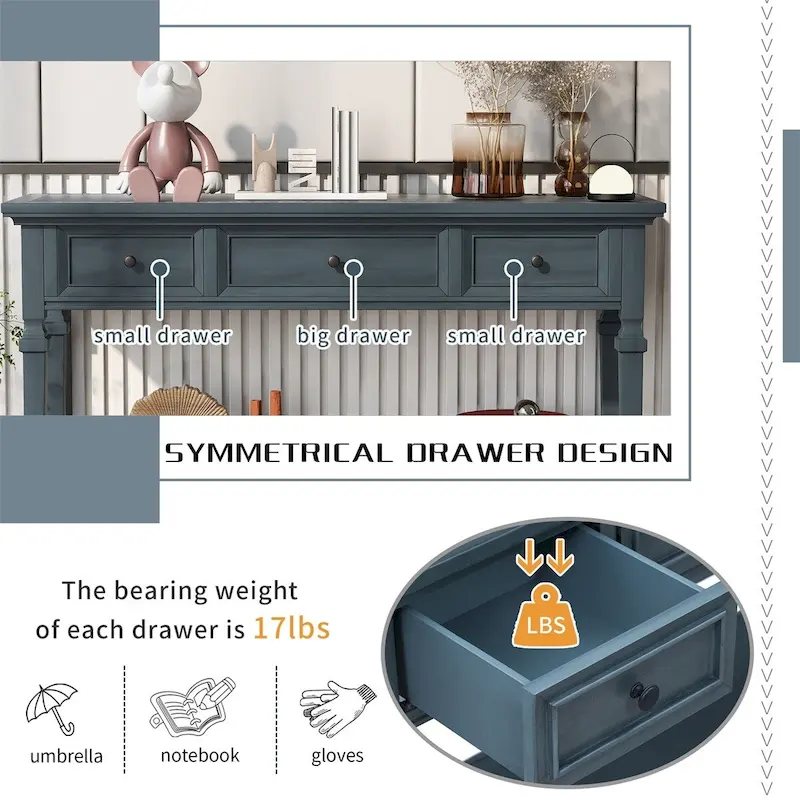 Merax Retro Style Console Table with Three Top Drawers and Bottom Shelf