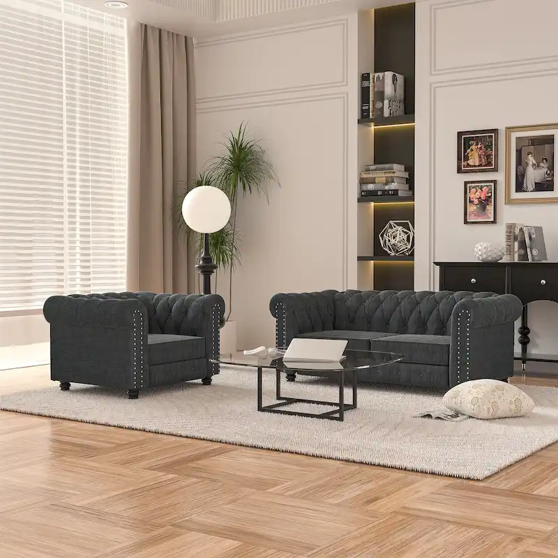 Button Tufted Upholstered Chesterfield Sofa Set Chair and Sofa, 2 PCS for Living Room, Linen, Solid Wood Legs