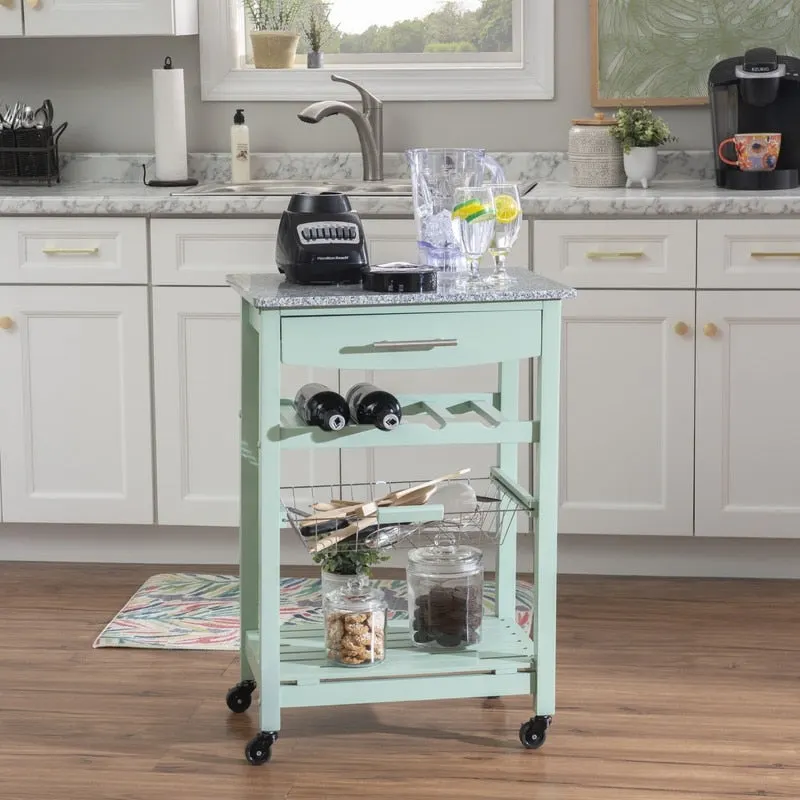 Compact Rolling Kitchen Cart, Granite or Stainless Steel Top, 1 Drawer, 4-Bottle Wine Rack, Wire Basket, Bottom Shelf, Locking Casters, Pine, Green / White / Grey / Natural / Wenge / Blue / Red, 1-Person Use