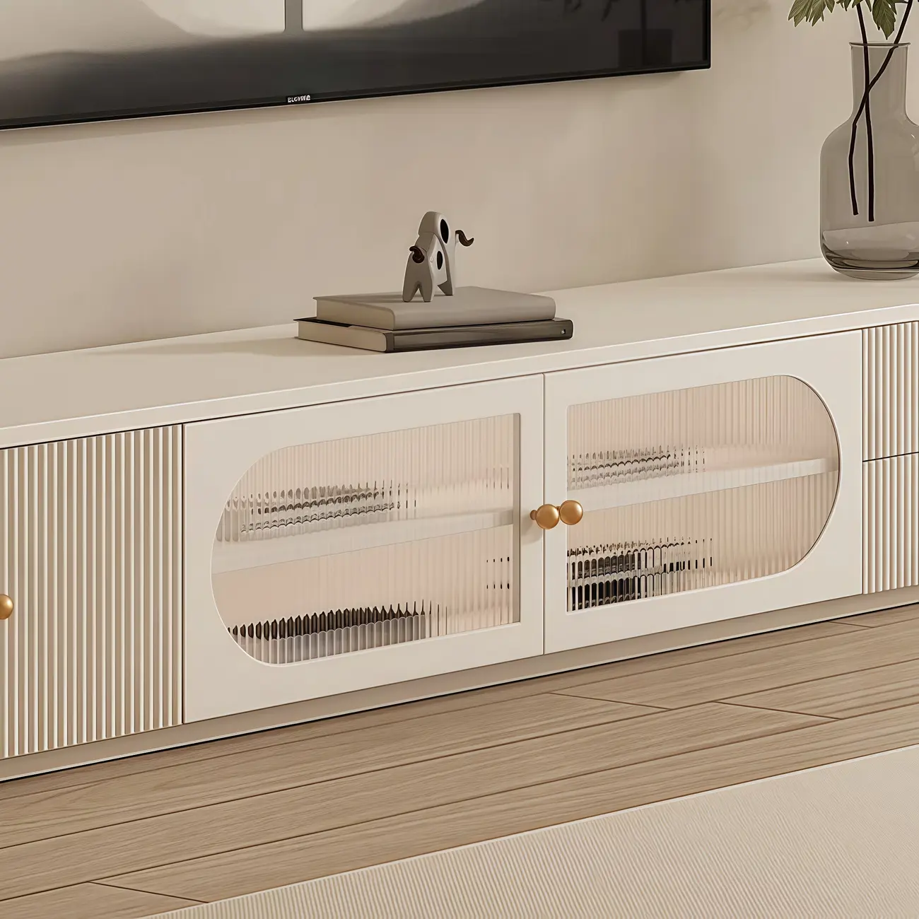 Long Modern White Wooden TV Stand with Drawers