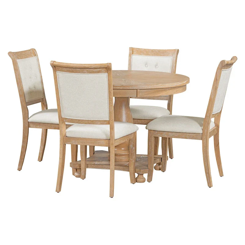 5 Piece Dining Table Set, Solid Wood Kitchen Dining Room Table Set with Round Dining Table and 4 Upholstered Chairs