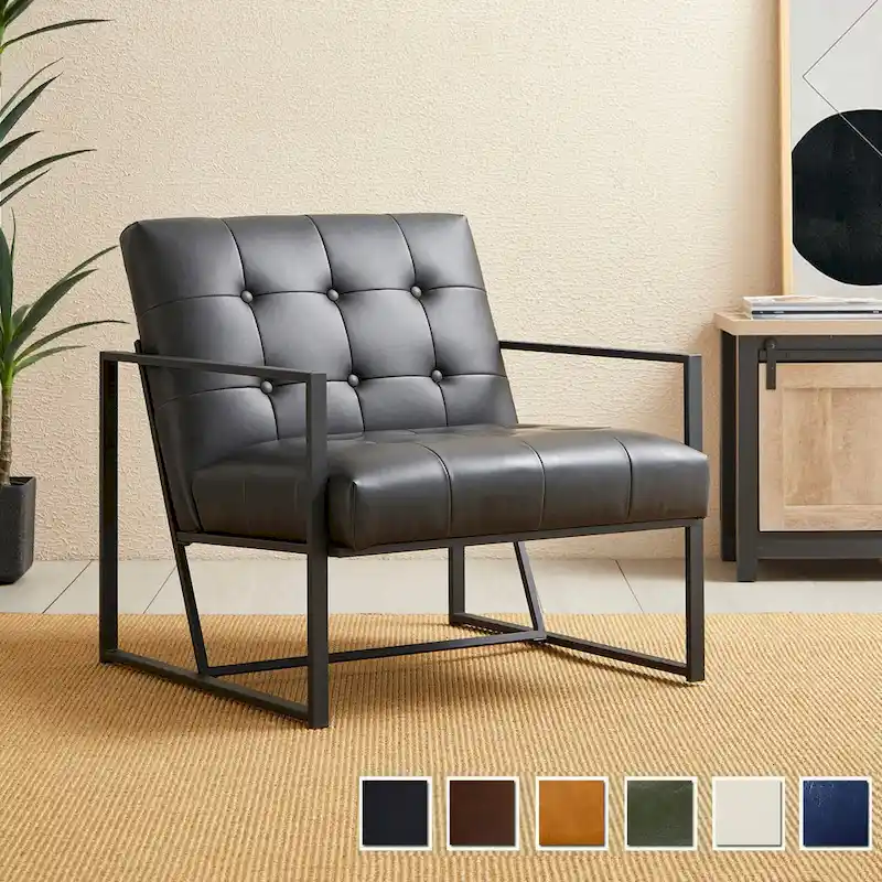 Brown / Black / Dark Green / Yellow-Chrome Frame / Camel / Cream / Hunter Green / Navy Blue Mid-Century PU Leather Button-Tufted Accent Chair - Single Use