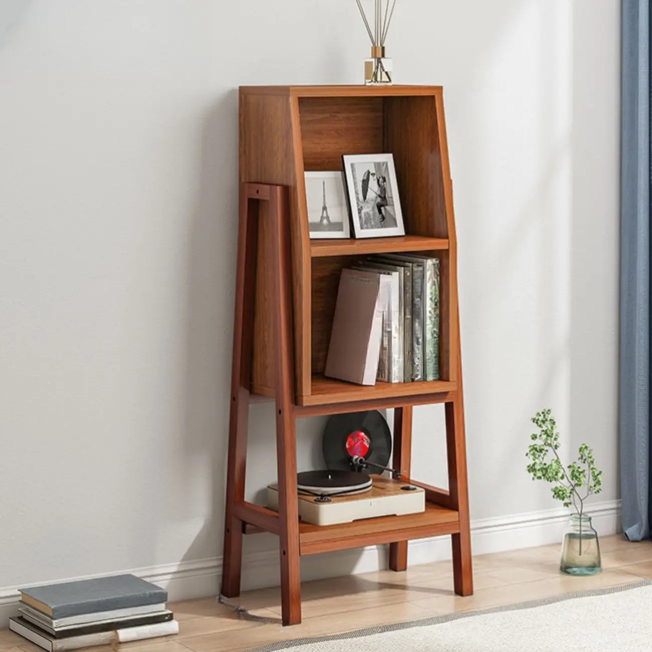 Narrow 2-Tier Natural White Wooden Ladder Bookcase