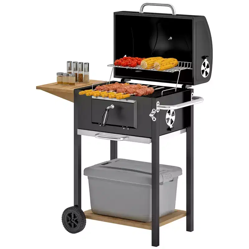 Outsunny Charcoal BBQ Grill, Portable Barbecue Grill for Camping or Backyard Picnic with Side Table, Bottom Storage Shelf, Wheels and Handle, Black