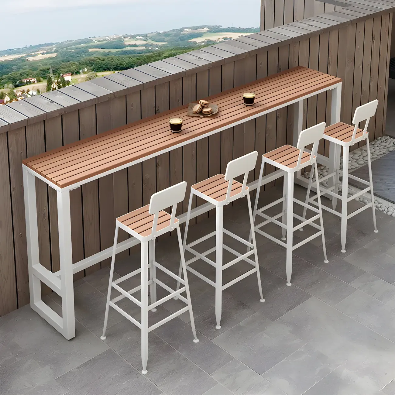 Modern White Wooden Slatted Outdoor Bar Tables for Patio