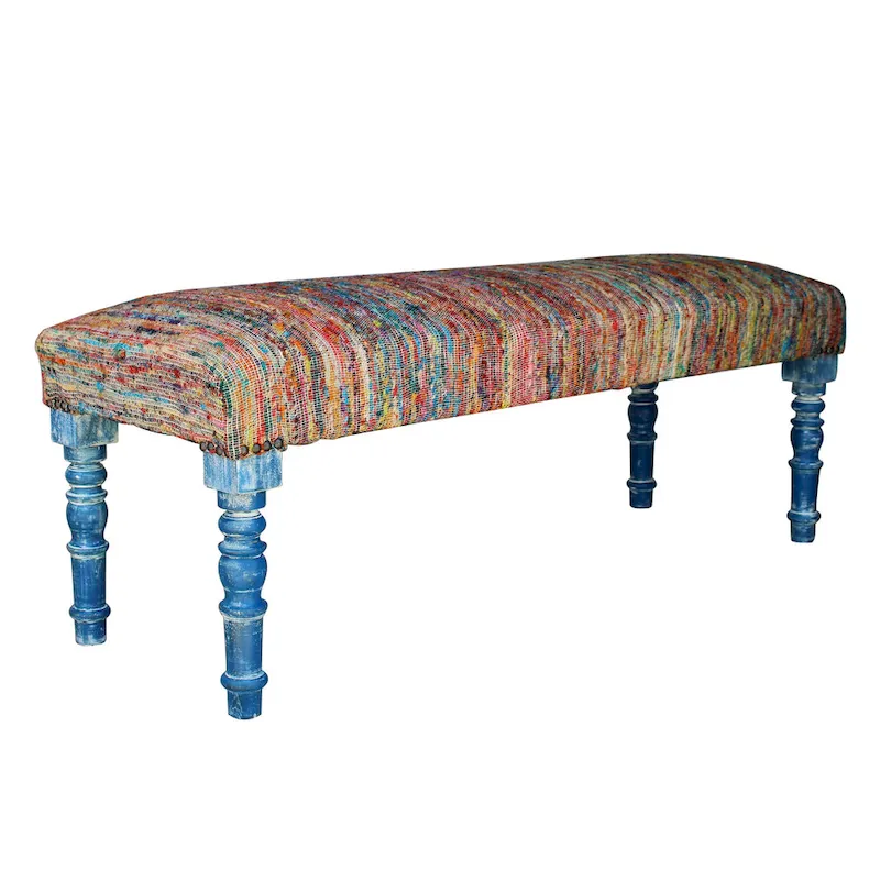 HomeRoots 47 Rainbow Stripe Blue Leg Upholstered Bench - 47 x 18 x 16