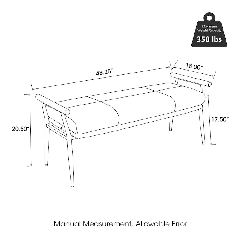 48.5W Modern Upholstered Bench with Wooden Arms and Metal Legs
