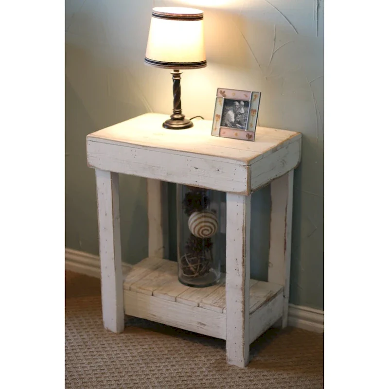 Rustic Reclaimed Wood End Table – White / Brown, 2-Tier, Seats 1
