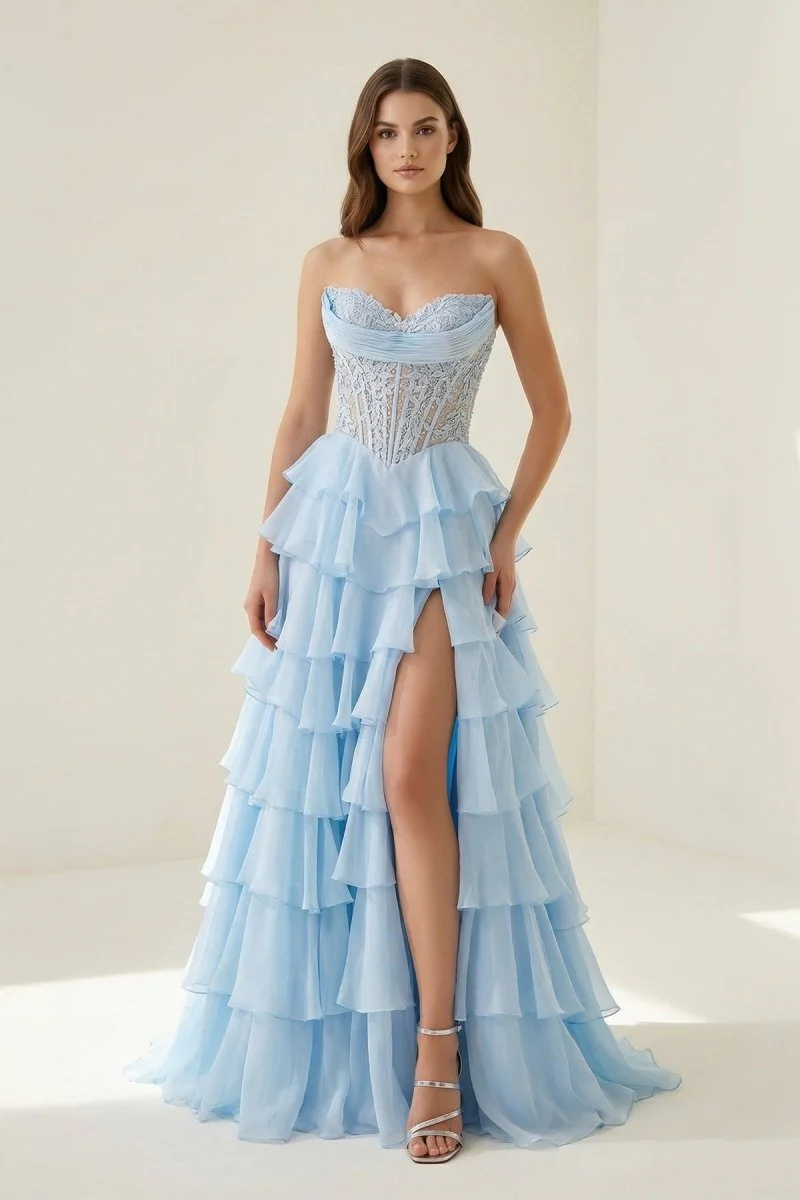 Sky Blue - Strapless A Line Chiffon Ruffled Prom Dresses With Appliques