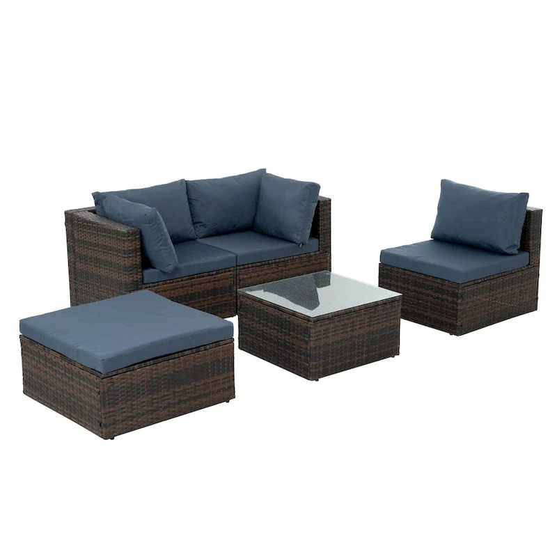 5 Set Wicker Furniture With Tempered Glass Coffee Table