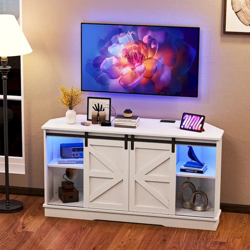 Corner TV Stand for 65 Inch TV with Sliding Barn Door - 58 inches