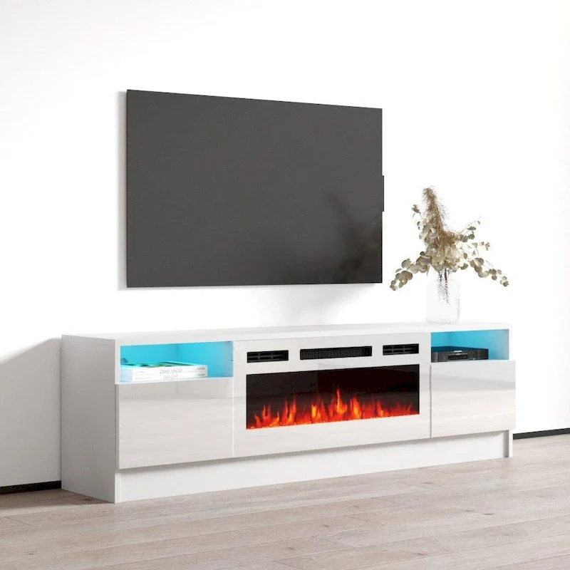63 Inch TV Stand with Electric Fireplace Insert and LED Lighting