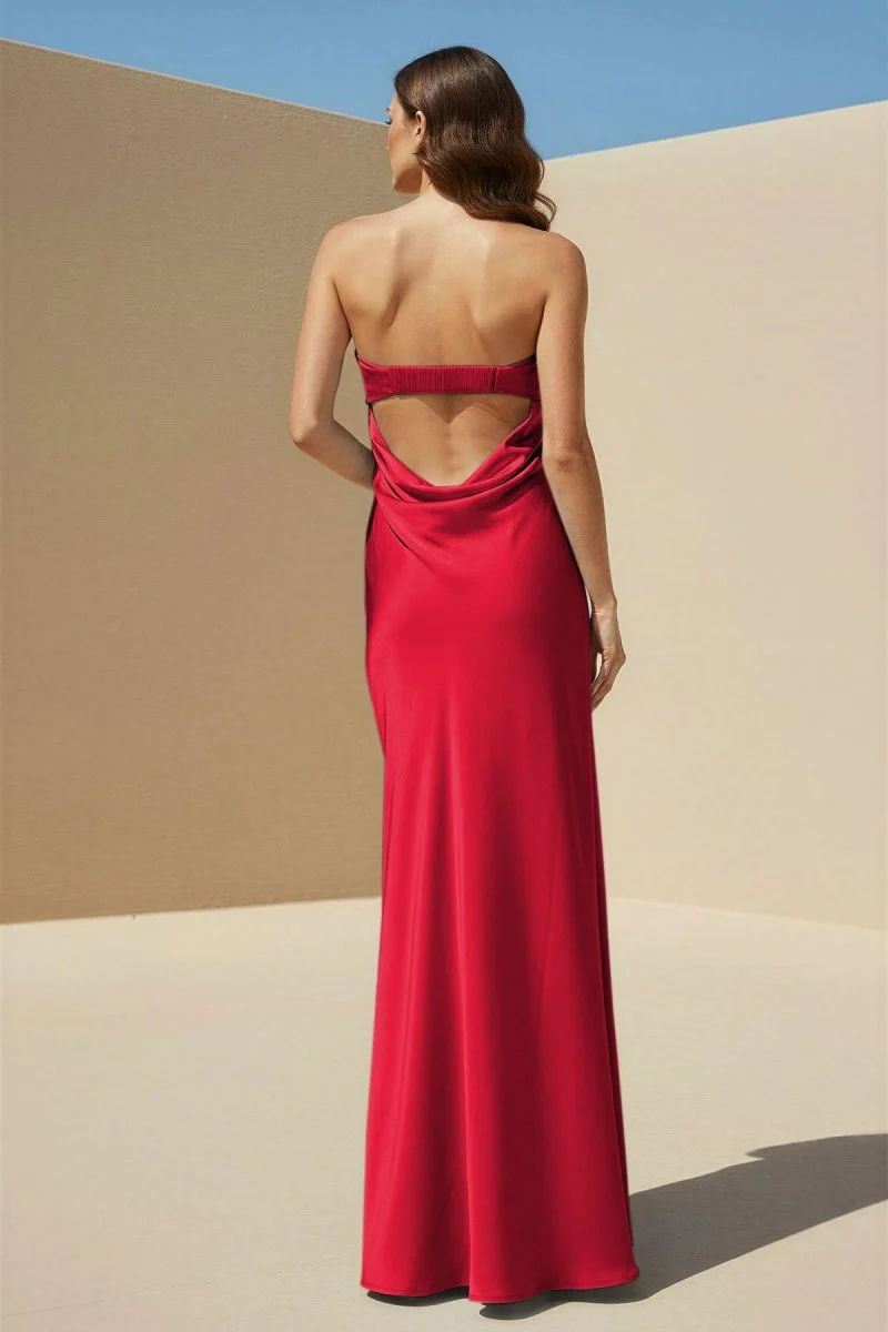 Sky Blue Strapless Sheath Satin Pleated Open Back Long Prom Dresses