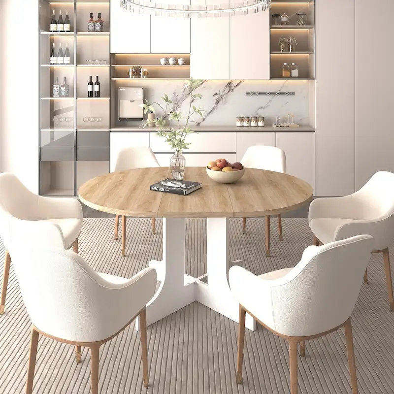 Elegant Farmhouse Round Dining Table with Adjustable Length and X-Base Be Used for Modern Dining Room